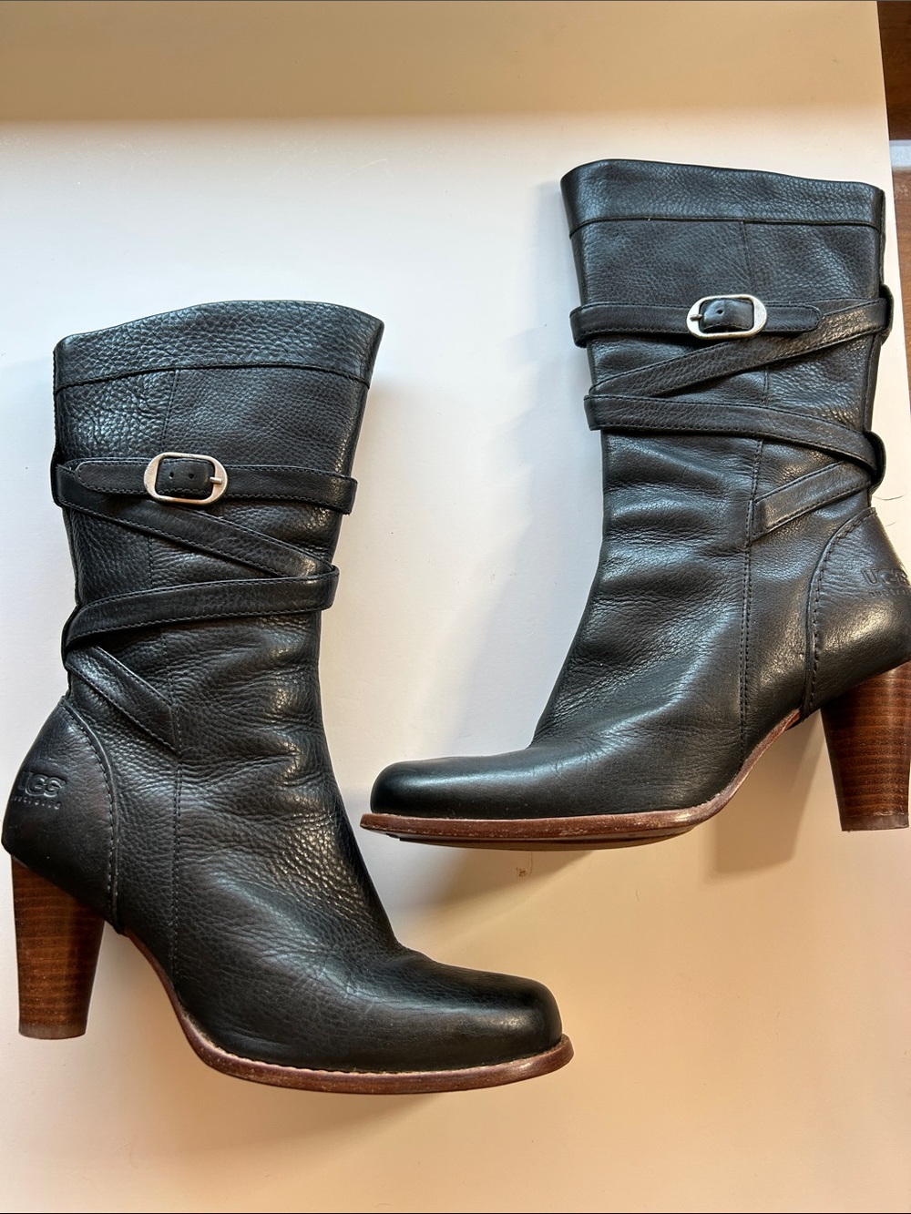 UGG Australia 5454 Leather Mid-Calf Heeled Boots Sheepskin Lined